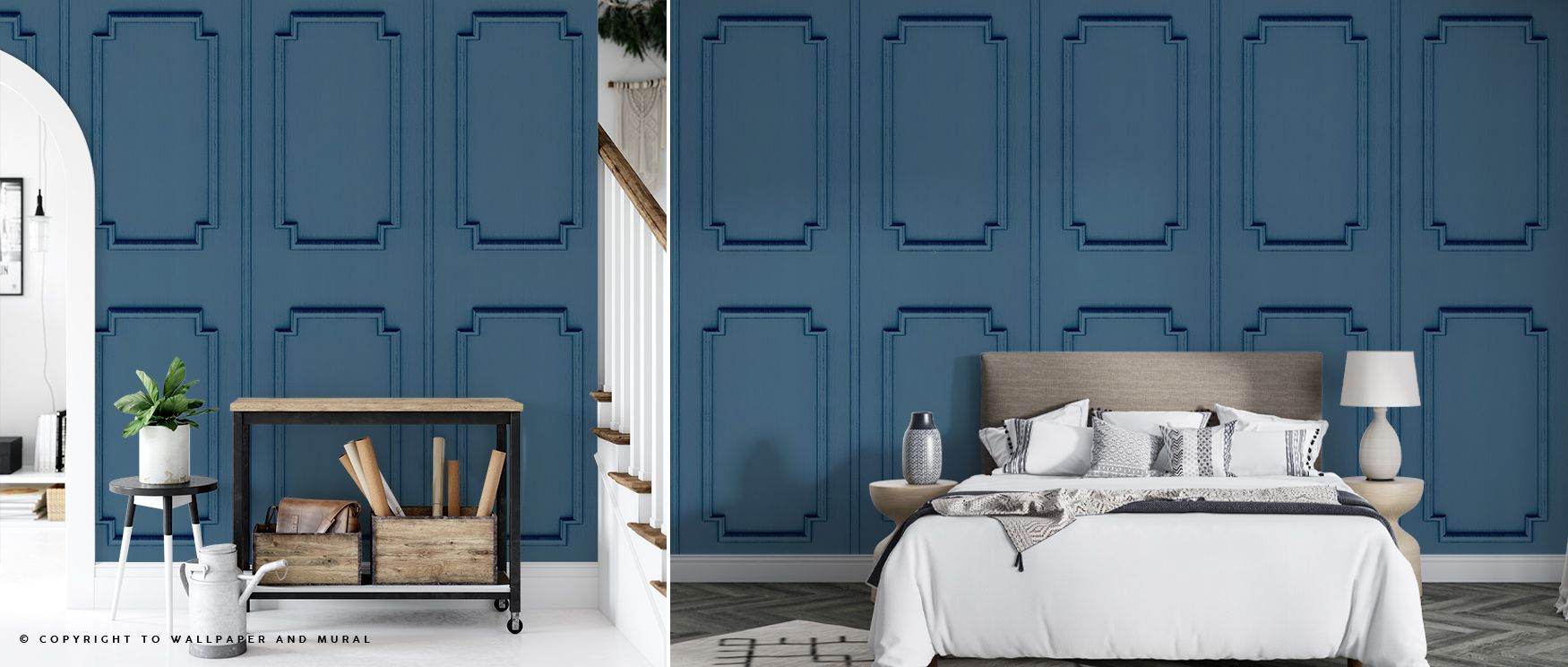 Faux Wall Panel Moulding Sky Blue Wallpaper layers interiors with blue hues detailed in structured rhythm. Its artistry sustains refinement, enriching bedrooms and offices with timeless elegance. Interiors glow with cultural pride, sustaining atmosphere o