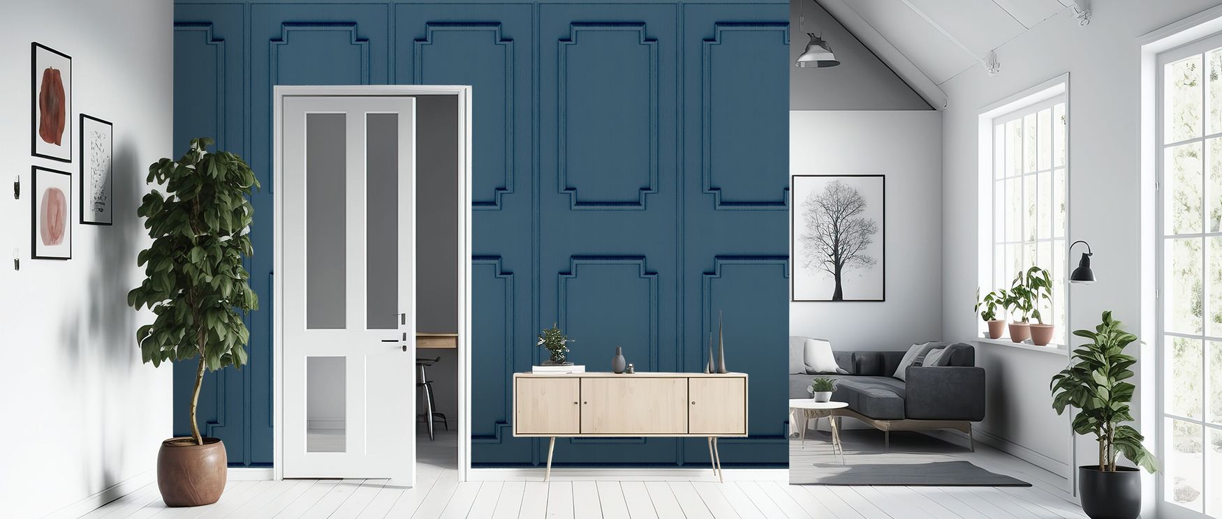 Faux Wall Panel Moulding Sky Blue Wallpaper reflects sophistication through blue tones painted in rhythm. Its design enhances bedrooms and living rooms with refinement. Interiors glow with serenity, sustaining atmosphere of timeless charm and balance. 