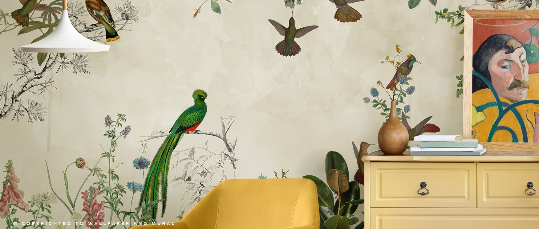 Vibrant resonance shines in the Fields of Birds and Flowers Wall Mural as blossoms and birds sustain imagery, enriching restful bedrooms or stylish offices with atmosphere, decorative refinement, and cultural artistry that glow with sophistication. 