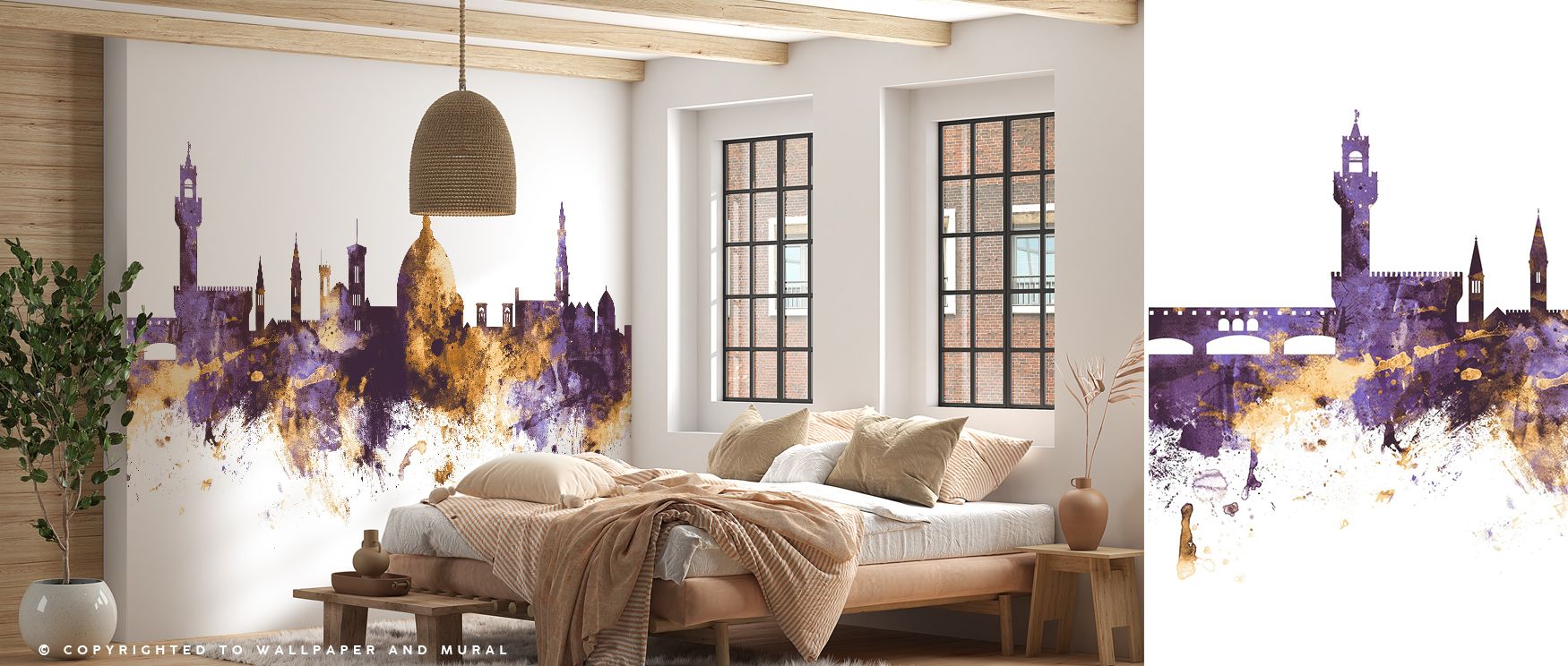 Florence Italy Skyline Purple & Gold Wallpaper sustains elegance with regal tones layered in detailed artistry. Its design enriches bedrooms and offices with charm, sustaining atmosphere of refinement. Interiors glow in timeless sophistication, thriving i