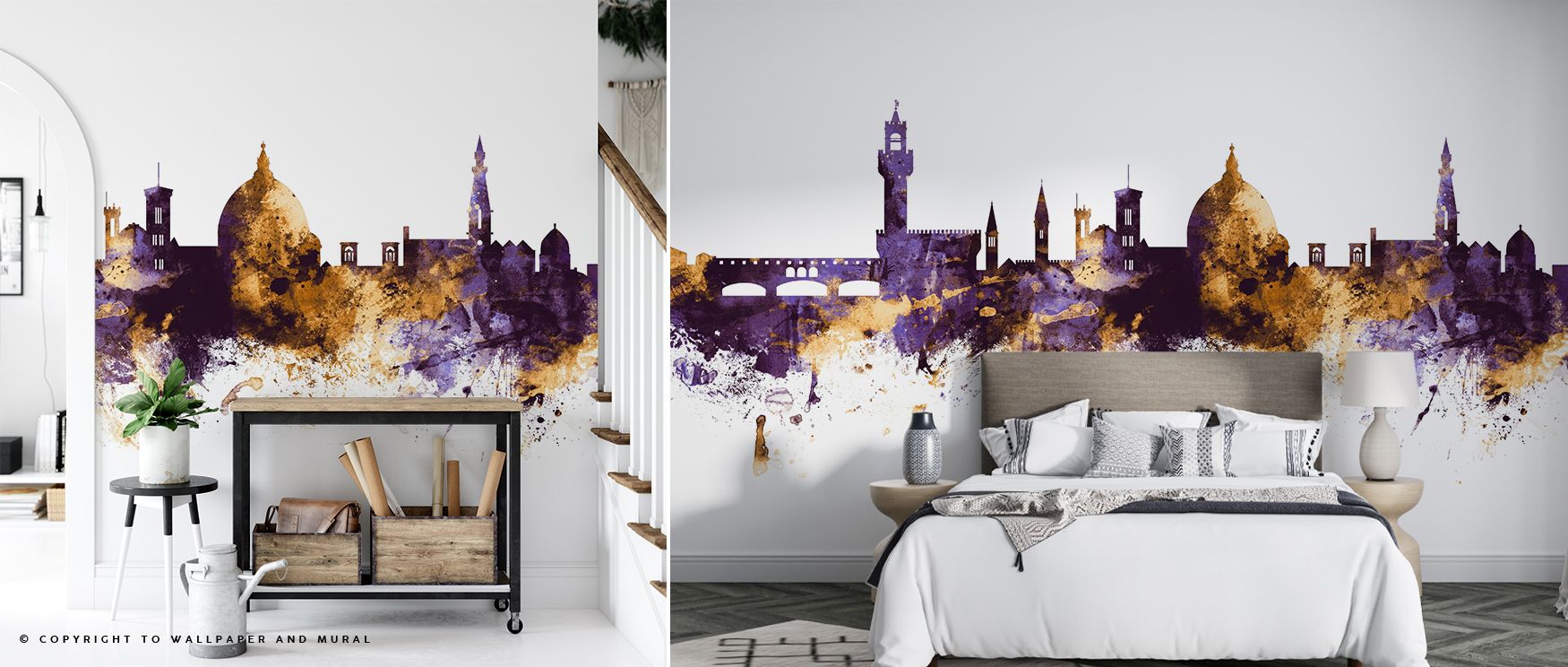 Florence Italy Skyline Purple & Gold Wallpaper layers interiors with skyline silhouettes painted in regal tones. Its artistry sustains refinement, enriching bedrooms and offices with timeless grandeur. Interiors glow in cultural charm, sustaining atmosphe
