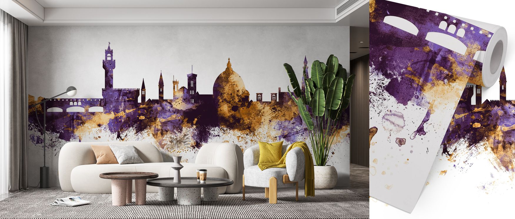 Florence Italy Skyline Purple & Gold Wallpaper conveys cultural refinement through purple and gold hues arranged in skyline rhythm. Its design enriches bedrooms and living rooms with luxury. Interiors glow in timeless elegance, sustaining atmosphere of ba