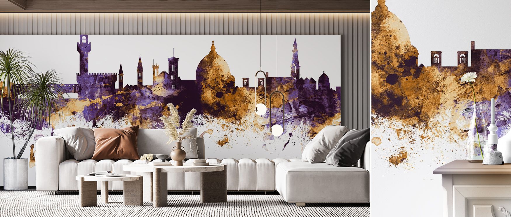 Florence Italy Skyline Purple & Gold Wallpaper sustains grandeur with skyline tones painted in harmony. Its artistry enriches bedrooms and offices with refinement. Interiors glow with timeless charm, sustaining atmosphere of sophistication and cultural gr