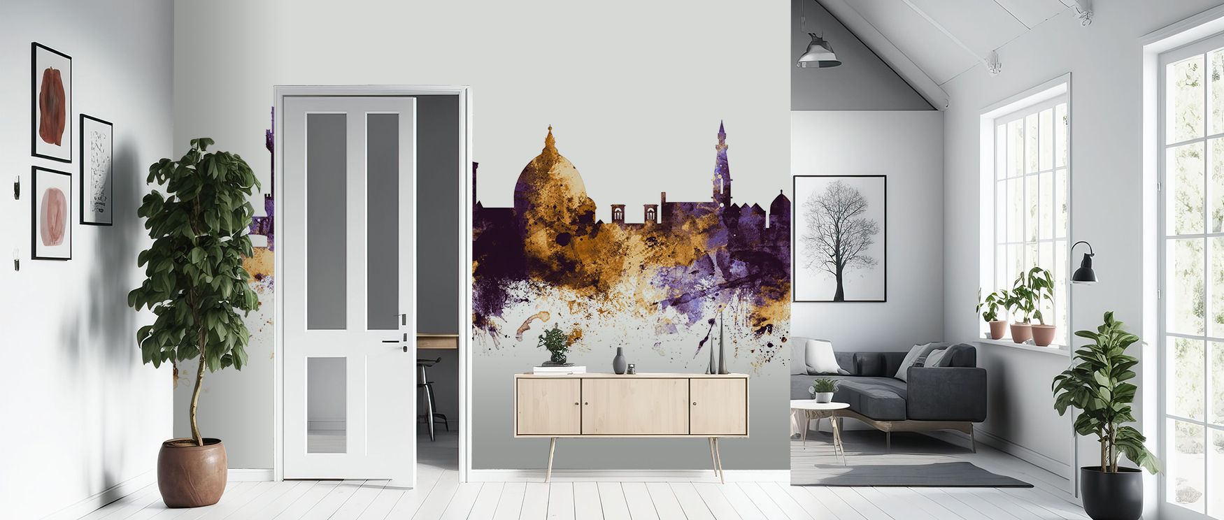 Florence Italy Skyline Purple & Gold Wallpaper reflects timeless elegance through regal skyline artistry. Its design enhances bedrooms and living rooms with refinement. Interiors glow with charm, sustaining atmosphere of sophistication and balance. 