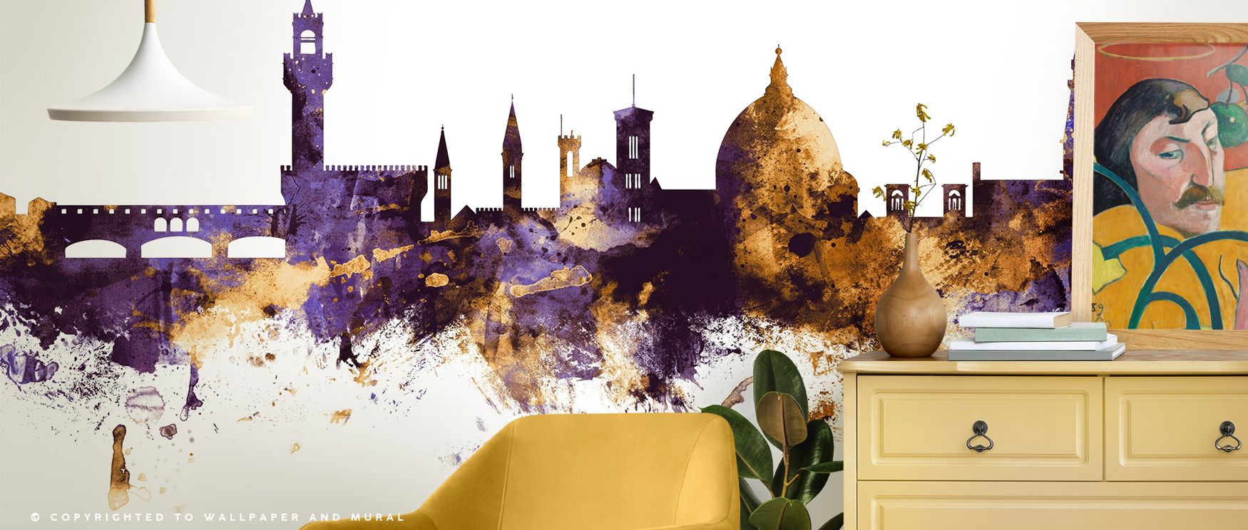 Florence Italy Skyline Purple & Gold Wallpaper nurtures interiors with skyline silhouettes shaped in purple and gold. Its design sustains refinement, enriching bedrooms and offices with luxury. Interiors glow with timeless grandeur, sustaining atmosphere 