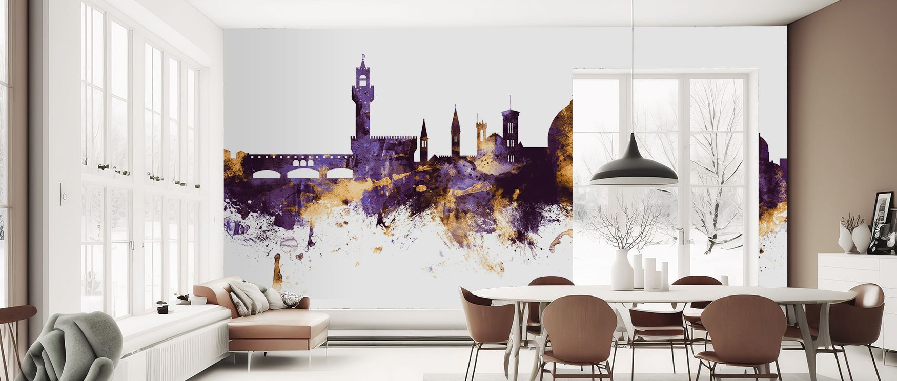 Florence Italy Skyline Purple & Gold Wallpaper enriches interiors with regal tones detailed in skyline artistry. Its design sustains refinement, making bedrooms and living rooms glow with timeless charm. Interiors thrive in elegance, sustaining atmosphere