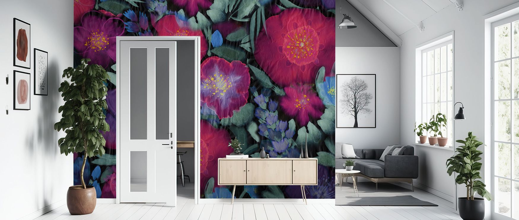 Flowershow Poppies Cerise Wallpaper reflects charm through cerise blooms layered in radiant compositions. Its design enhances bedrooms and living rooms with vitality. Interiors glow in timeless refinement, sustaining atmosphere of floral sophistication. 