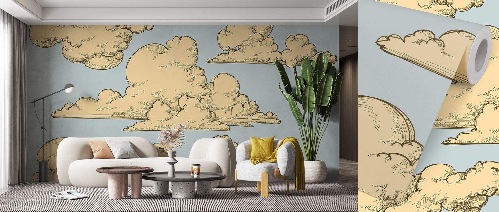 Fluffy Clouds Wallpaper conveys tranquility with airy forms detailed in layered rhythm. Its design enriches bedrooms and living rooms with refinement. Interiors glow in timeless charm, sustaining atmosphere of calm sophistication. 