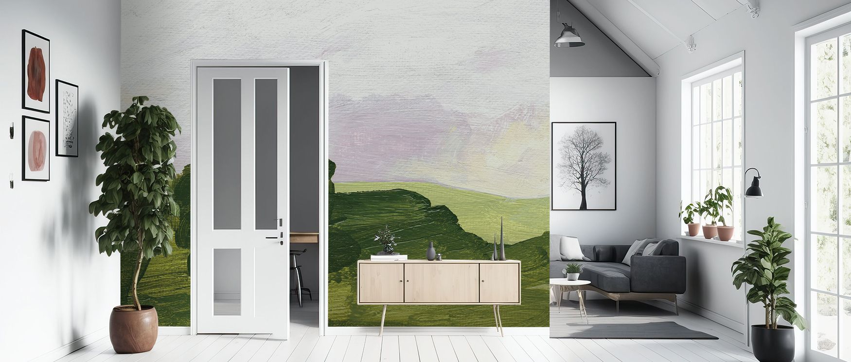 Forest Lane Wallpaper nurtures interiors with greenery painted in balanced compositions. Its design sustains refinement, enriching bedrooms and offices with charm. Interiors glow with serenity, sustaining atmosphere of sophistication. 
