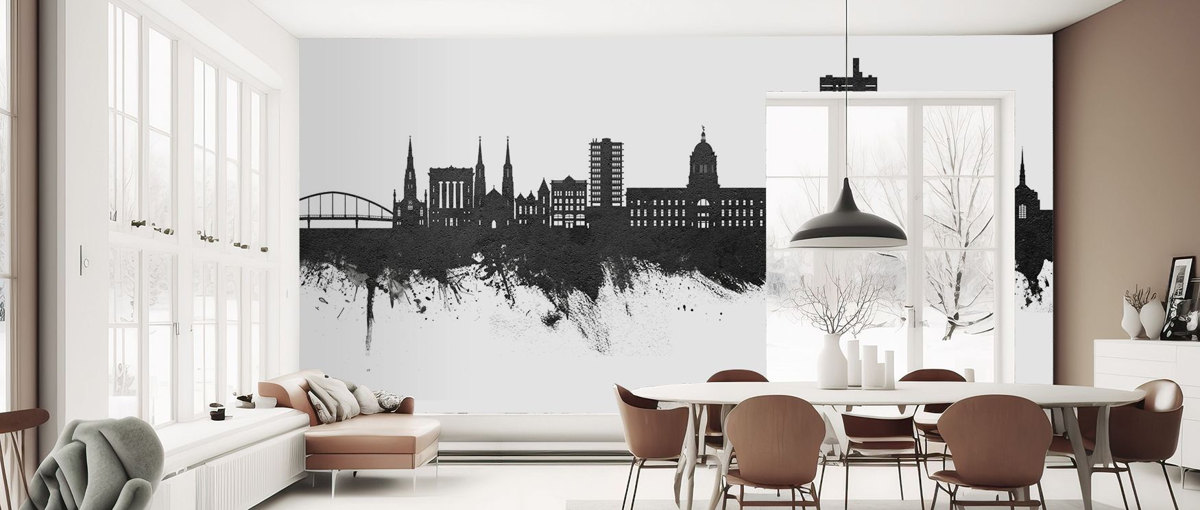 Fort Wayne Skyline Black & White Wallpaper enriches interiors with architectural silhouettes painted in classic tones. Its design sustains refinement, making bedrooms and living rooms glow in sophistication. Interiors thrive under timeless charm, sustaini
