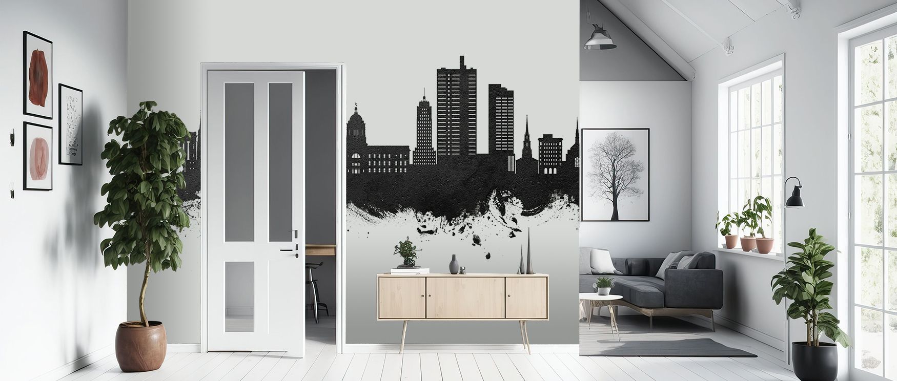 Fort Wayne Skyline Black & White Wallpaper reflects refinement through monochrome skyline artistry painted in harmony. Its design enhances bedrooms and living rooms with sophistication. Interiors glow in timeless charm, sustaining atmosphere of elegance. 