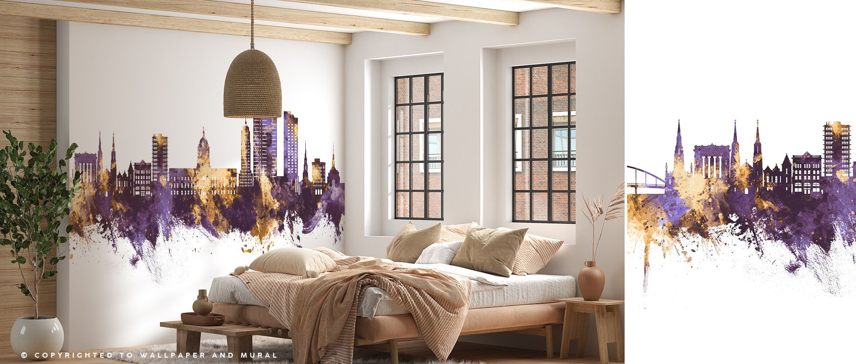Fort Wayne Skyline Purple & Gold Wallpaper sustains refinement with regal tones arranged in skyline compositions. Its design enriches bedrooms and offices with luxury. Interiors glow with timeless grandeur, sustaining atmosphere of cultural sophistication