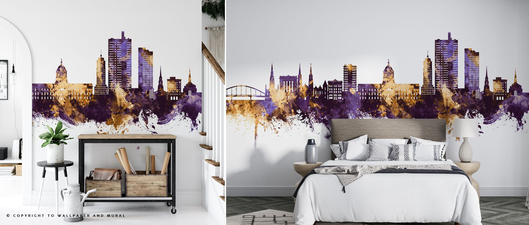Fort Wayne Skyline Purple & Gold Wallpaper layers interiors with purple and gold artistry painted in bold detail. Its design sustains refinement, enriching bedrooms and offices with luxury. Interiors glow in timeless charm, sustaining atmosphere of sophis