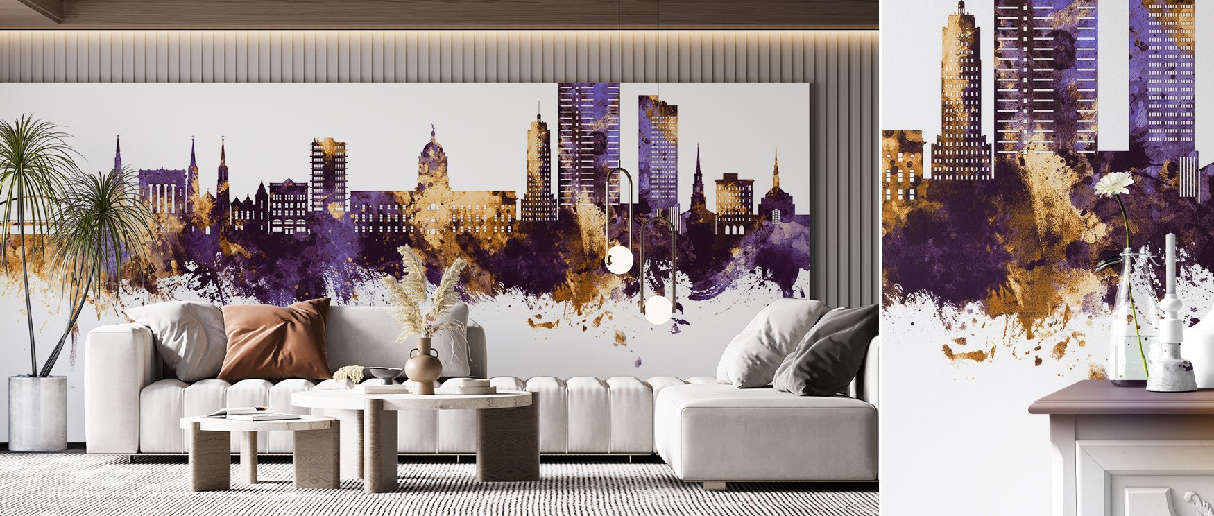 Fort Wayne Skyline Purple & Gold Wallpaper sustains luxury with regal artistry shaped in architectural rhythm. Its design enriches bedrooms and offices with refinement. Interiors glow with timeless charm, sustaining atmosphere of grandeur and elegance. 