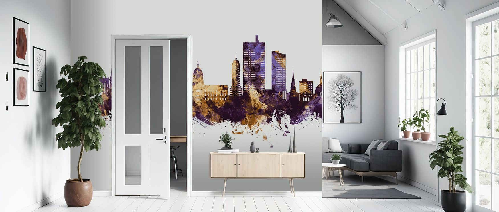 Fort Wayne Skyline Purple & Gold Wallpaper reflects sophistication with city silhouettes painted in regal tones. Its design enhances bedrooms and living rooms with refinement. Interiors glow in timeless elegance, sustaining atmosphere of cultural refineme