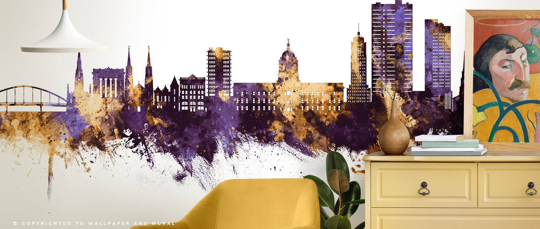 Fort Wayne Skyline Purple & Gold Wallpaper nurtures interiors with purple and gold artistry arranged in architectural rhythm. Its design sustains refinement, enriching bedrooms and offices with luxury. Interiors glow with timeless grandeur, sustaining atm