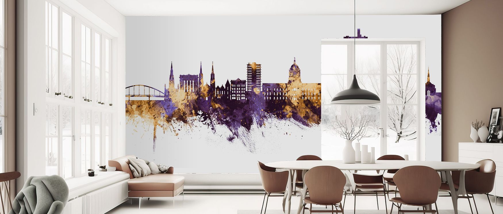 Fort Wayne Skyline Purple & Gold Wallpaper enriches interiors with regal city silhouettes shaped in bold tones. Its artistry sustains refinement, making bedrooms and living rooms glow with grandeur. Interiors thrive in timeless charm, sustaining atmospher