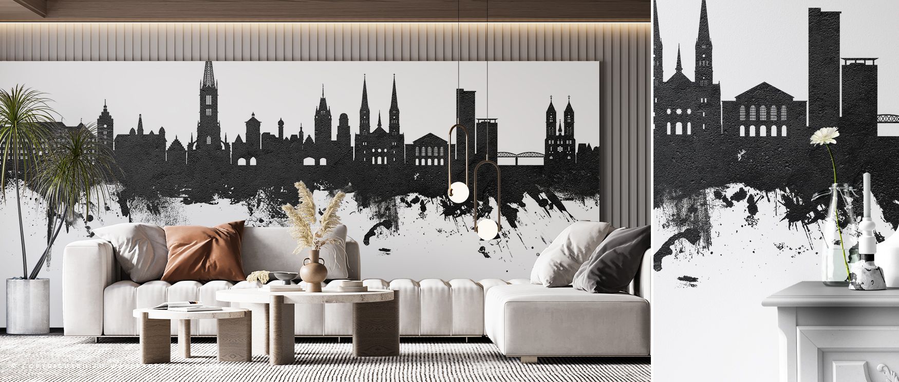 Freiburg Skyline Black & White Wallpaper sustains refinement with architectural silhouettes arranged in monochrome tones. Its design enriches bedrooms and offices with sophistication. Interiors glow in timeless charm, sustaining atmosphere of elegance. 
