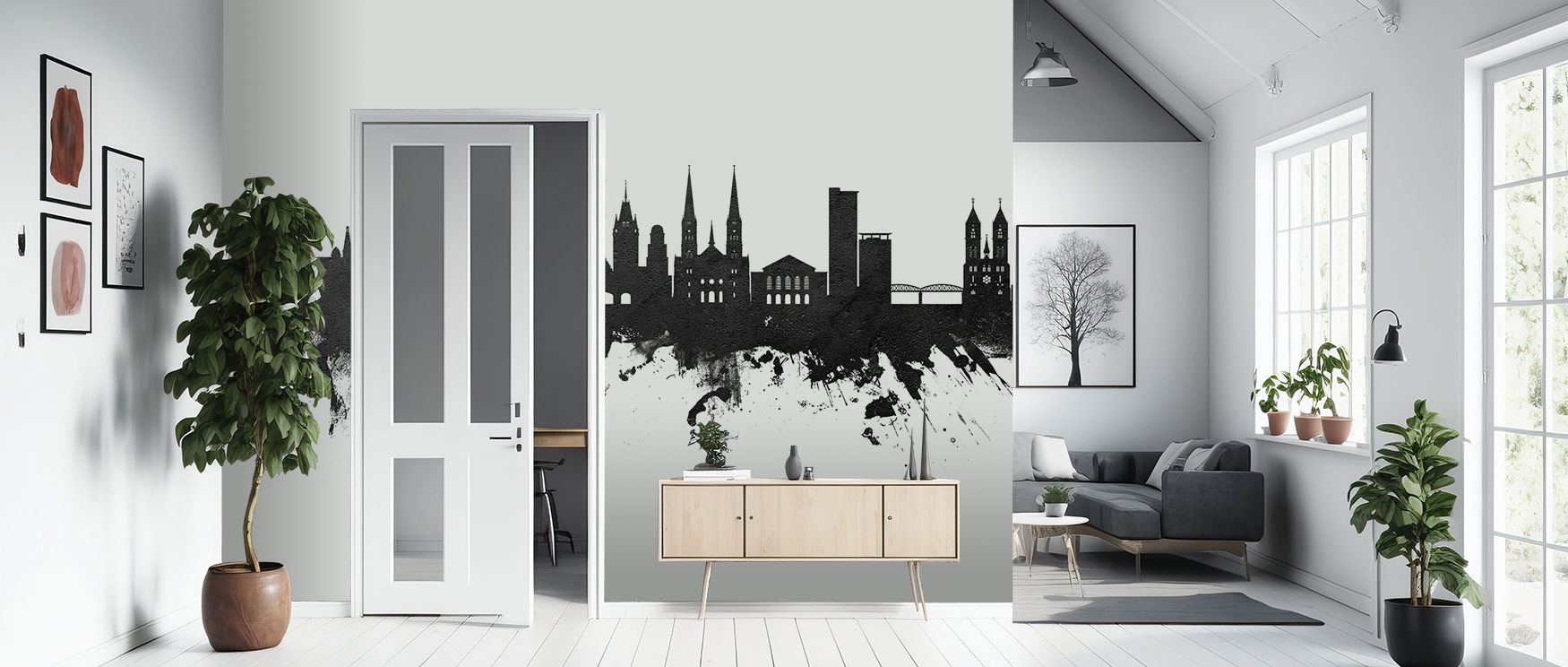 Freiburg Skyline Black & White Wallpaper reflects elegance with city silhouettes shaped in rhythm. Its design enhances bedrooms and living rooms with refinement. Interiors glow in timeless balance, sustaining atmosphere of cultural pride. 