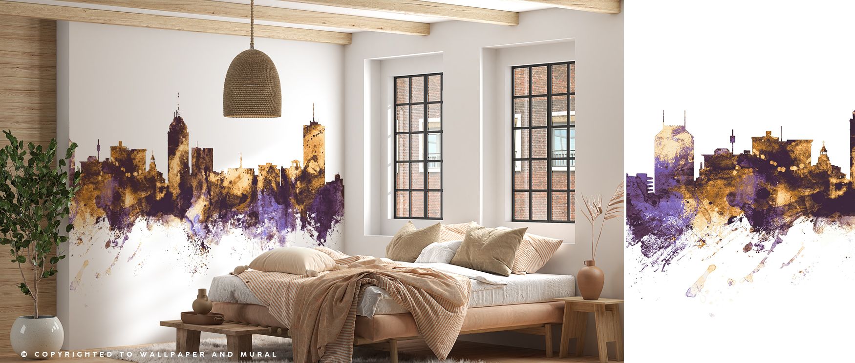 Fresno Skyline Purple & Gold Wallpaper sustains refinement with regal tones layered in skyline artistry. Its design enriches bedrooms and offices with luxury. Interiors glow in timeless elegance, sustaining atmosphere of grandeur. 