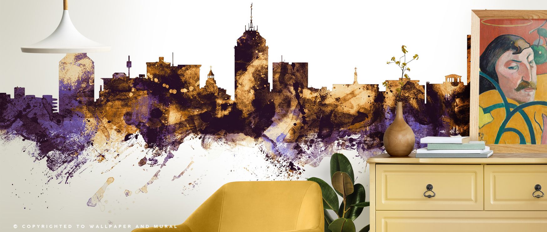 Fresno Skyline Purple & Gold Wallpaper nurtures interiors with regal artistry shaped in skyline forms. Its design sustains refinement, enriching bedrooms and offices with luxury. Interiors glow with timeless grandeur, sustaining atmosphere of sophisticati
