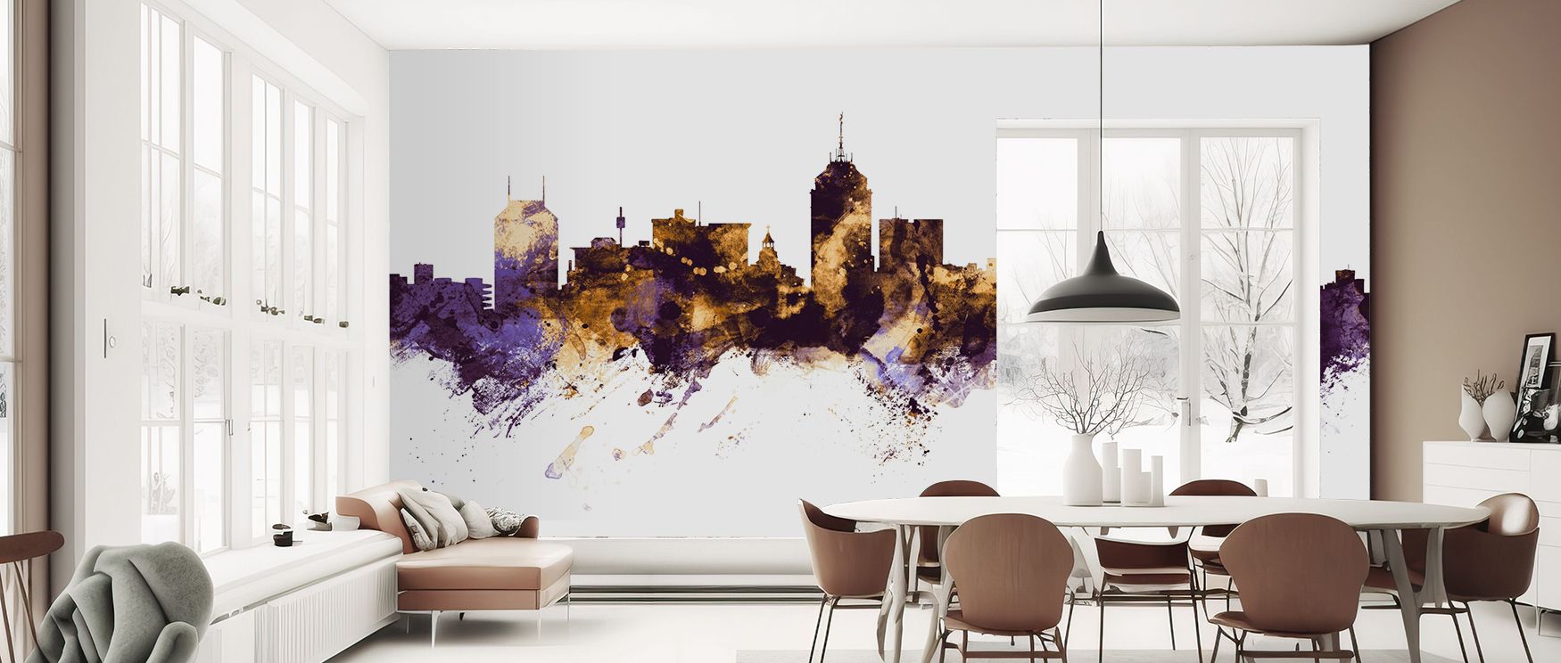 Fresno Skyline Purple & Gold Wallpaper enriches interiors with city silhouettes detailed in regal tones. Its artistry sustains refinement, making bedrooms and living rooms glow with cultural charm. Interiors thrive under timeless grandeur, sustaining atmo
