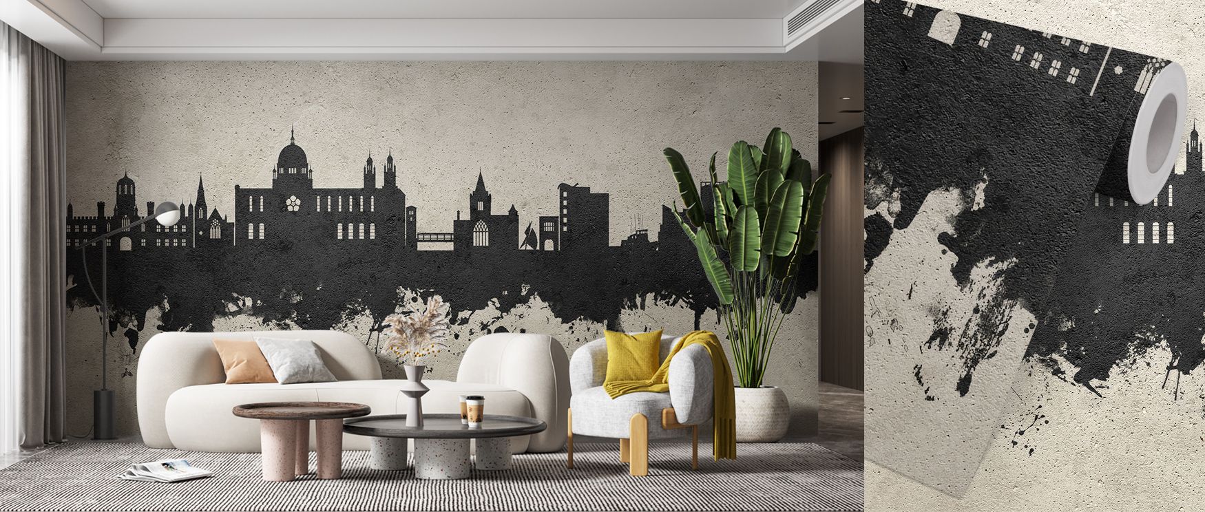 Galway Skyline Concrete Wallpaper conveys balance with gray silhouettes shaped in skyline detail. Its design enriches bedrooms and living rooms with refinement. Interiors glow with timeless elegance, sustaining atmosphere of sophistication. 