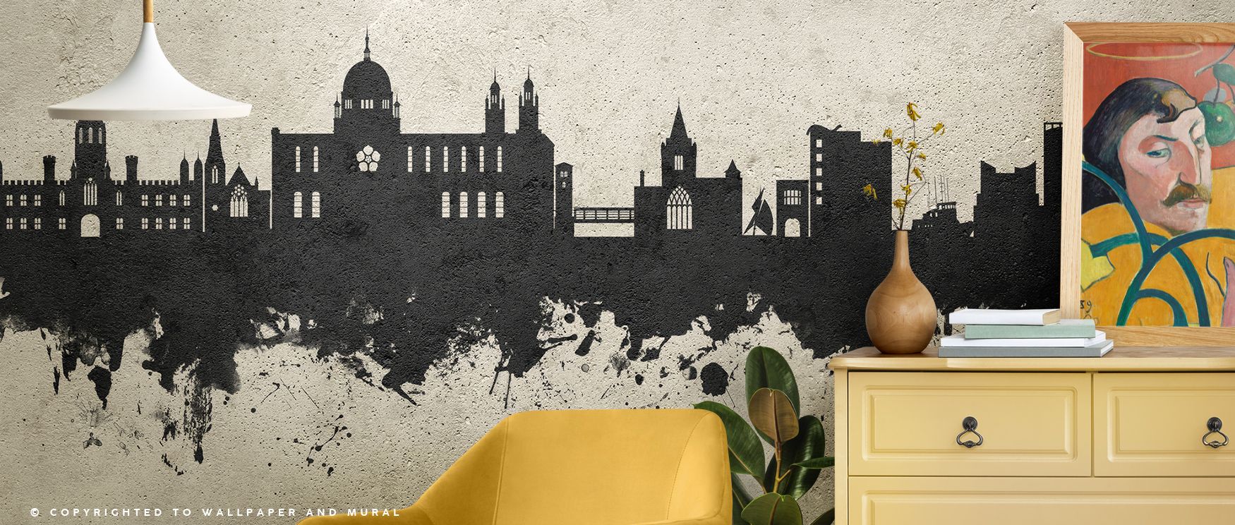 Galway Skyline Concrete Wallpaper reflects heritage refinement with textured artistry painted in gray. Its design enhances bedrooms and living rooms with sophistication. Interiors glow with timeless charm, sustaining atmosphere of elegance. 