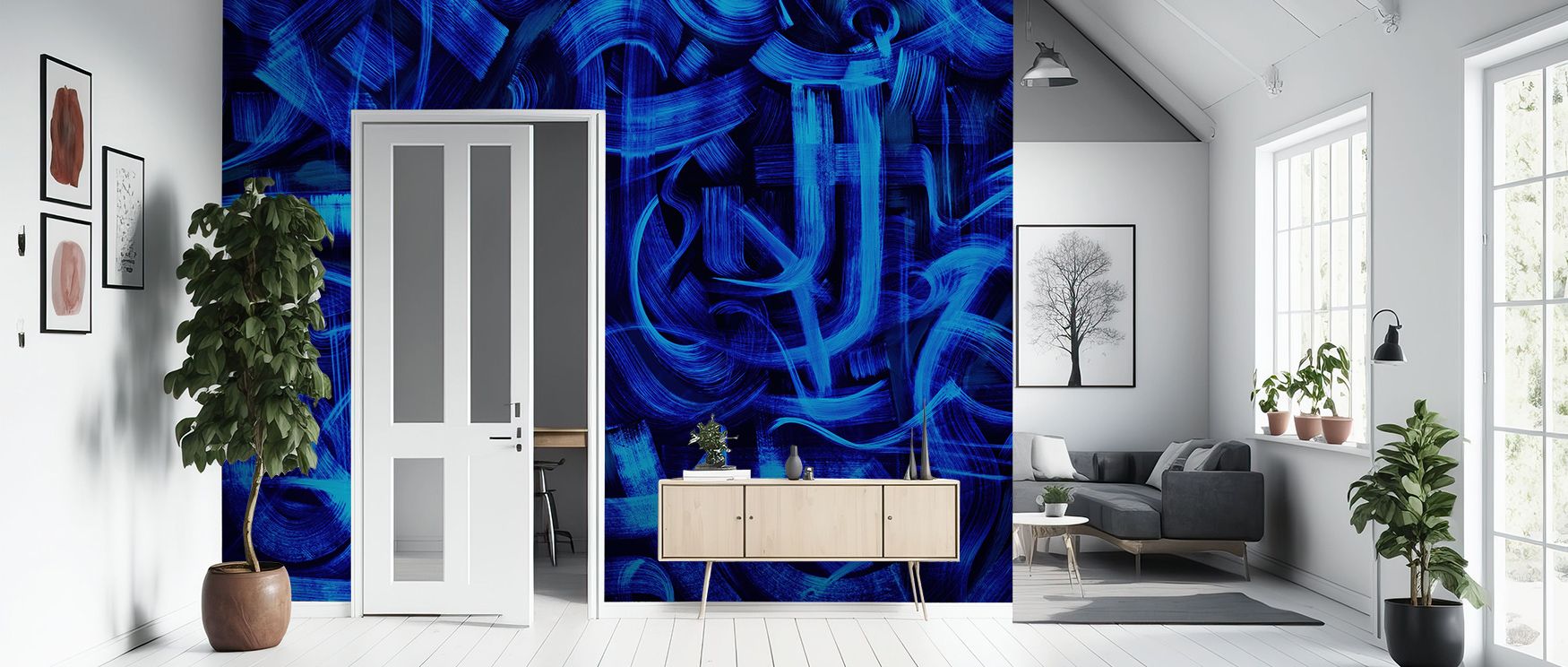 Gestures Intense Blue Wallpaper sustains bold charm with indigo tones arranged in flowing rhythm. Its design enriches bedrooms and offices with refinement. Interiors glow with timeless vitality, sustaining atmosphere of artistic sophistication. 