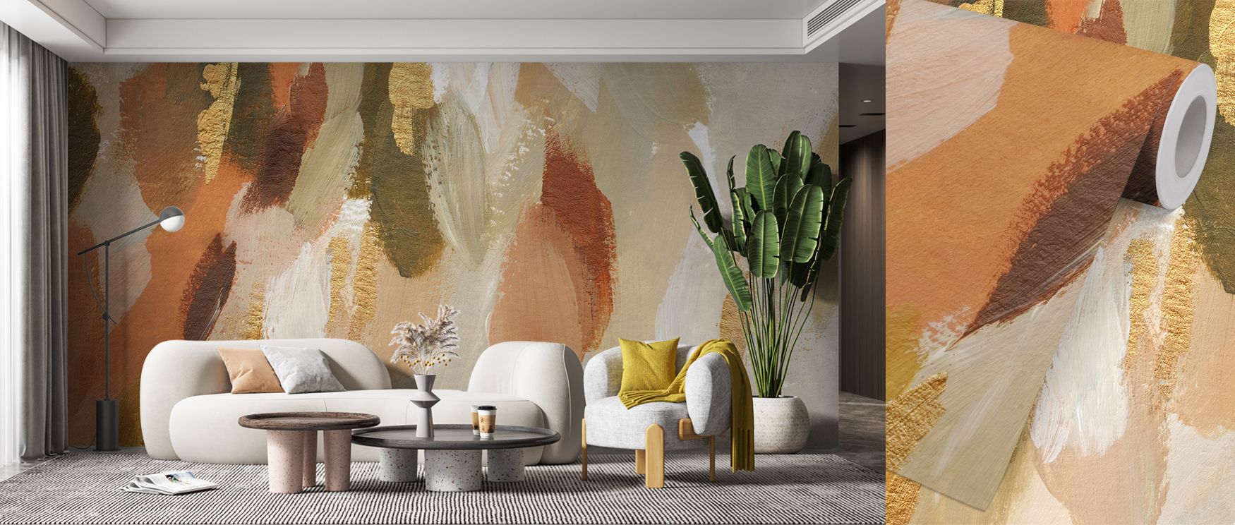 Golden Abstract Composition Wallpaper conveys charm with golden artistry shaped in radiant tones. Its design enriches bedrooms and living rooms with creativity. Interiors glow with timeless brilliance, sustaining atmosphere of sophistication. 