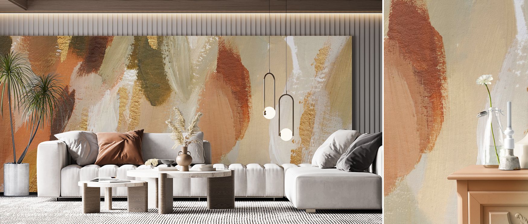Golden Abstract Composition Wallpaper sustains elegance with radiant motifs painted in golden artistry. Its design enriches bedrooms and offices with brilliance. Interiors glow in timeless refinement, sustaining atmosphere of sophistication. 
