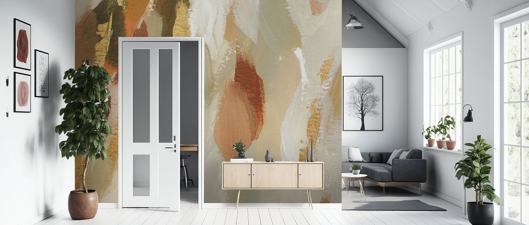 Golden Abstract Composition Wallpaper reflects balance with golden tones painted in abstract rhythm. Its design enhances bedrooms and living rooms with refinement. Interiors glow in timeless charm, sustaining atmosphere of sophistication. 