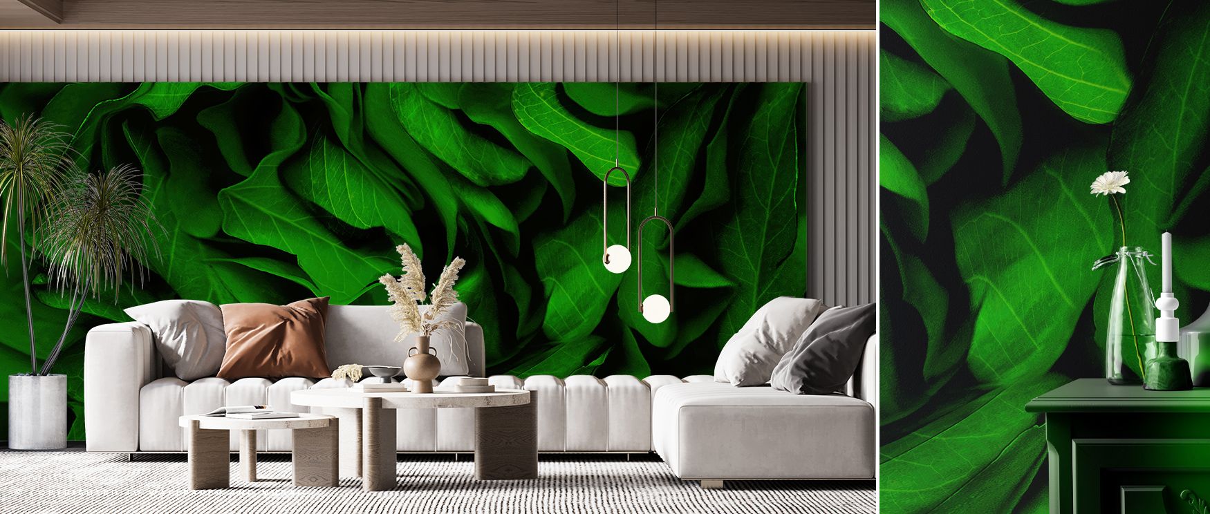 Green on Green Wallpaper sustains refinement with tonal motifs painted in lush hues. Its design enriches bedrooms and offices with natural vitality. Interiors glow in timeless charm, sustaining atmosphere of sophistication. 