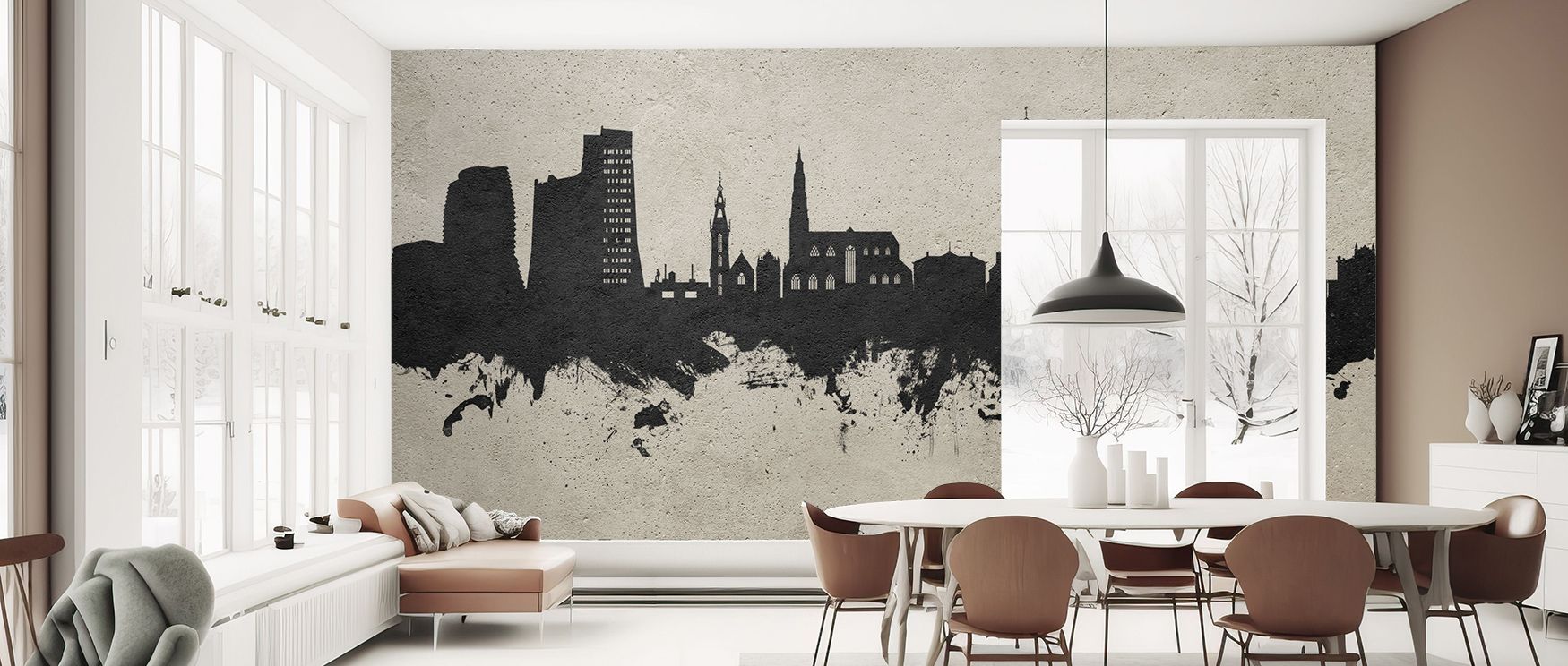 The Groningen The Netherlands Skyline Wallpaper reflects the beauty of rooftops and spires etched in warm tones, flowing softly across walls to enhance offices or bedrooms with quiet artistry, celebrating cultural presence through elegant skyline composit