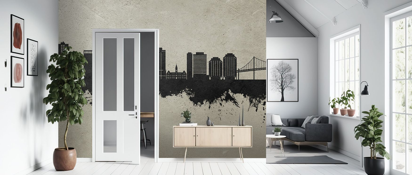 The Halifax Canada Skyline Concrete Wallpaper builds depth through refined shading, portraying rooftops with tone that carries cultural pride, surrounding bedrooms or offices with calm atmosphere and visual refinement balanced in textured charm that bridg