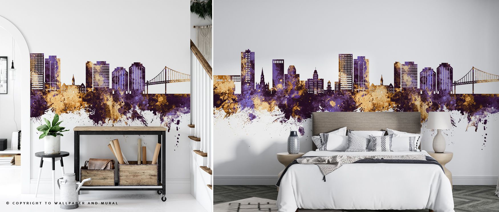 Flowing tones of purple and gold frame the Halifax Canada Skyline Purple & Gold Wallpaper, carrying silhouettes across walls that enrich living rooms or offices with atmosphere rooted in cultural pride, surrounding interiors with elegant calm and decorati
