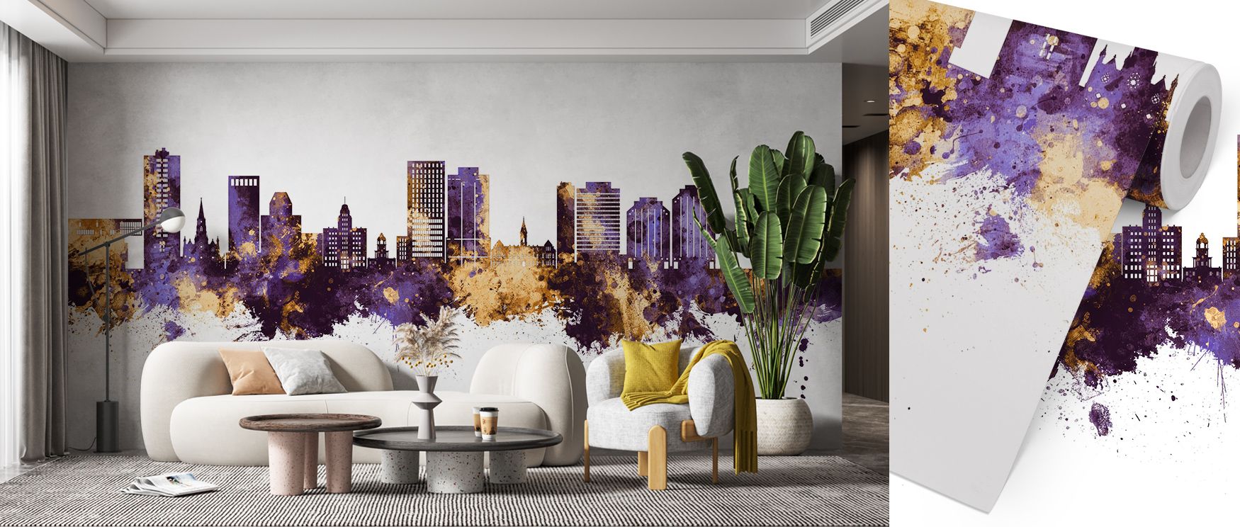 Heritage shines within the Halifax Canada Skyline Purple & Gold Wallpaper, where rooftops align against luminous background, surrounding bedrooms or living rooms with visual calm, enriching interiors with elegance balanced by cultural resonance and artist