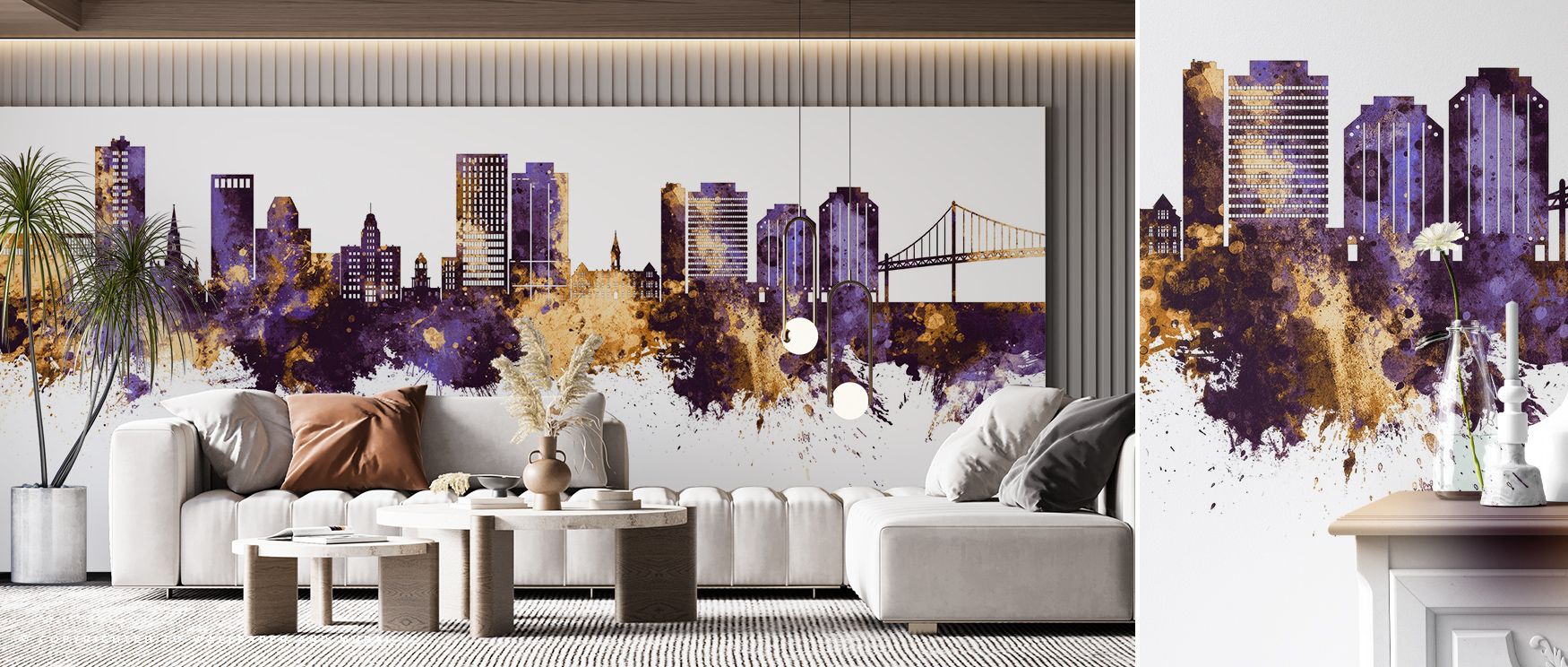 Through layers of golden tone, the Halifax Canada Skyline Purple & Gold Wallpaper depicts spires and contours shaped in purple depth, offering interiors calm elegance while surrounding offices or bedrooms with cultural artistry enriched by timeless decora