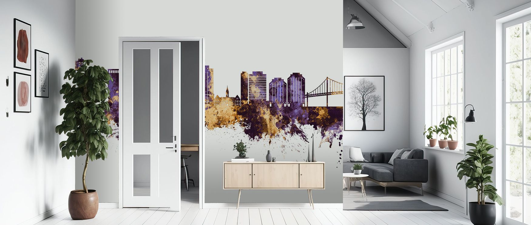 Golden accents in the Halifax Canada Skyline Purple & Gold Wallpaper highlight rooftops with luminous presence, enriching living rooms or bedrooms with refined calm, carrying cultural pride into interiors shaped by artistic tone and heritage blended into 