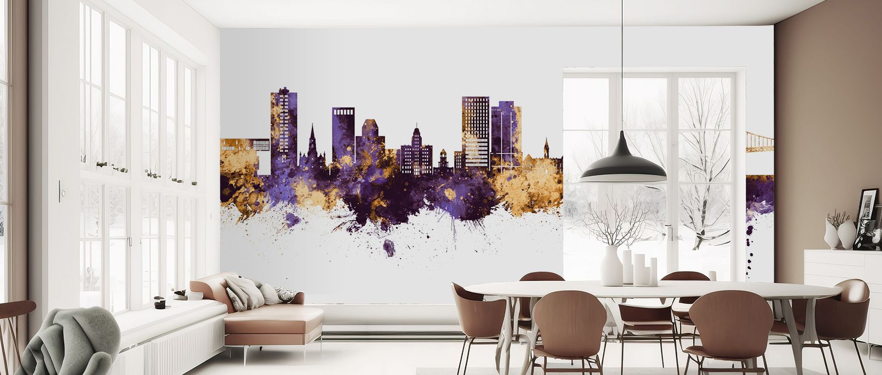 Heritage and artistry blend within the Halifax Canada Skyline Purple & Gold Wallpaper, flowing across rooftops layered in purple and gold, enhancing bedrooms or living rooms with calm mood, sustaining interiors with quiet grandeur and decorative charm gro