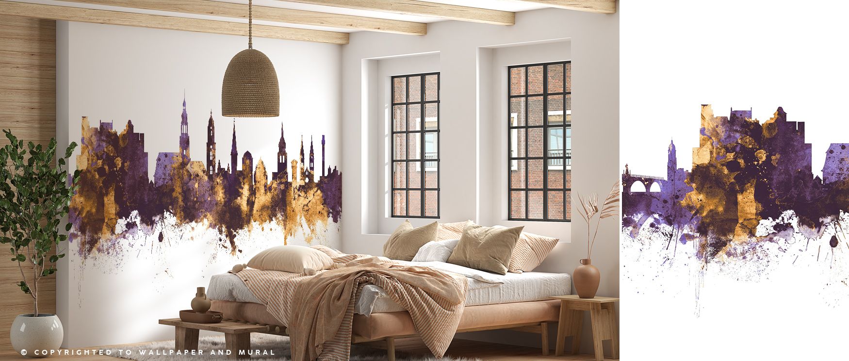 Across rooftops, the Heidelberg Germany Skyline Purple & Gold Wallpaper layers tones of purple depth and golden light, enriching offices or bedrooms with visual elegance, surrounding interiors with atmosphere filled with cultural presence and decorative r