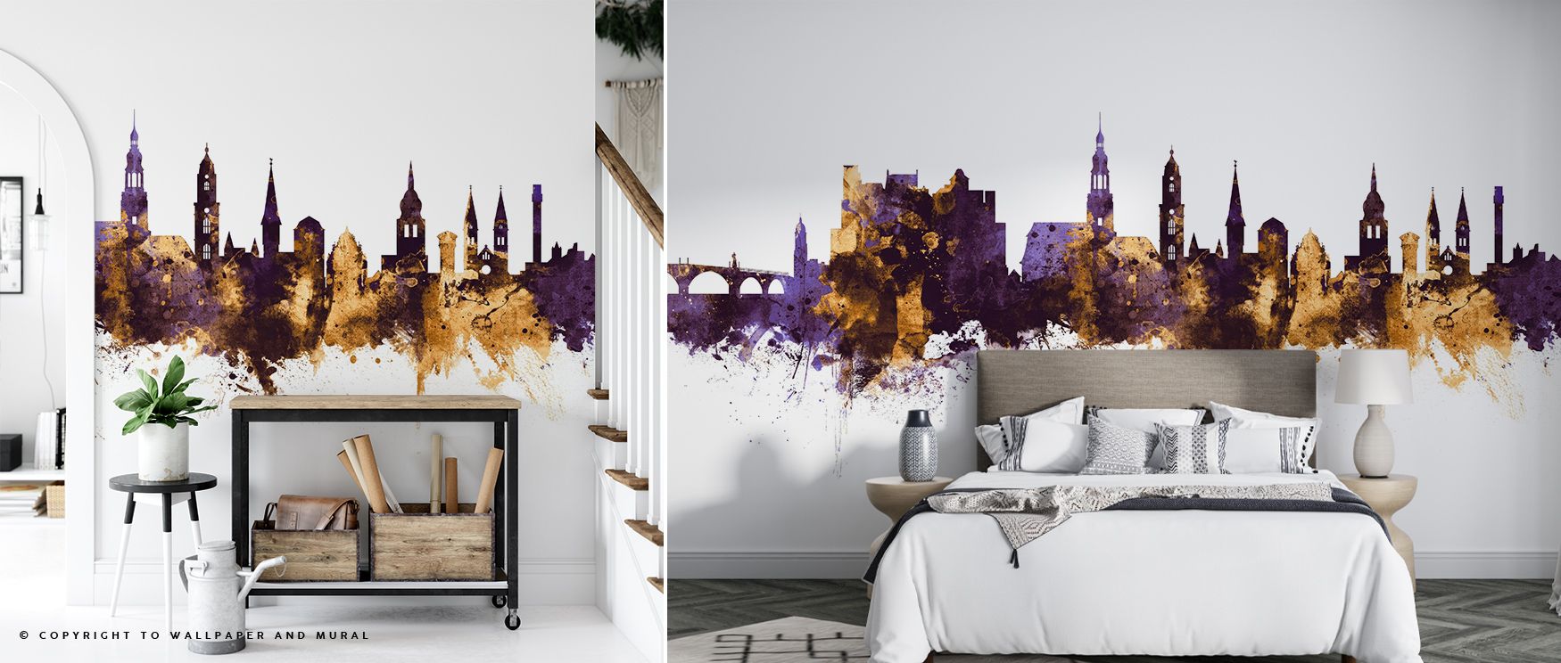 Flowing harmony arises within the Heidelberg Germany Skyline Purple & Gold Wallpaper where silhouettes glow in radiant layers, enriching bedrooms or offices with calm mood, surrounding interiors with cultural pride shaped by heritage and artistry, sustain