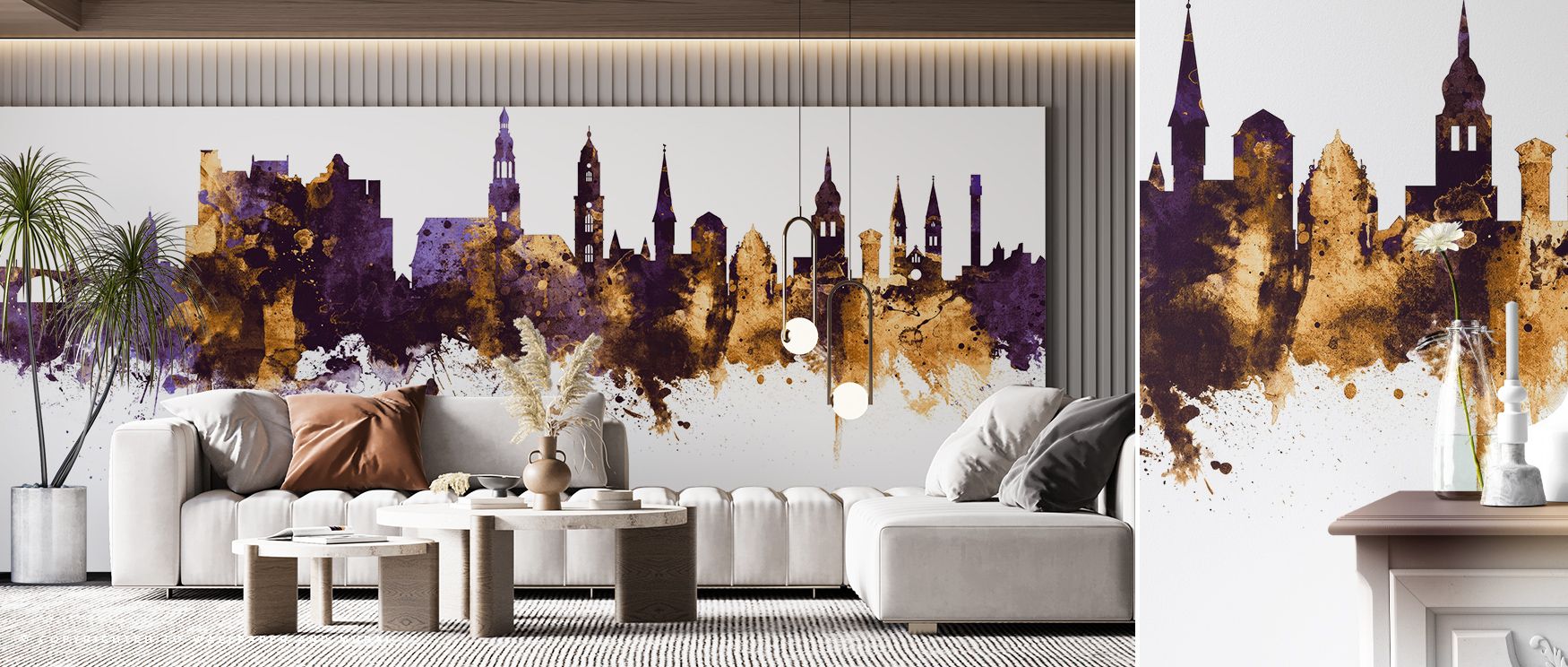 Luminous rooftops highlight the Heidelberg Germany Skyline Purple & Gold Wallpaper with balance shaped in radiant tone, enriching offices or bedrooms with visual calm, surrounding interiors with decorative elegance rooted in cultural artistry expressed in