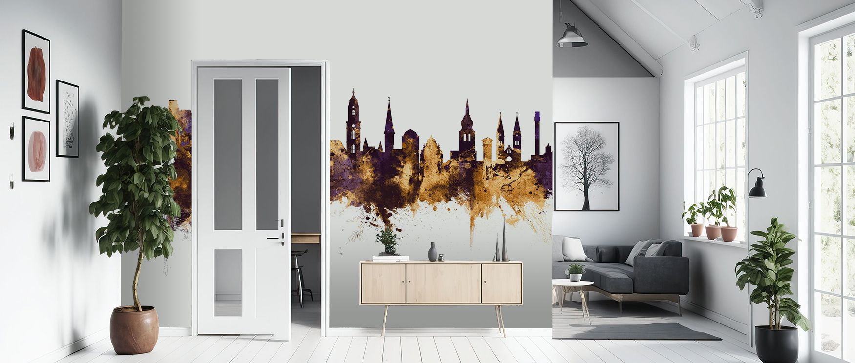Shaded rooftops glow in the Heidelberg Germany Skyline Purple & Gold Wallpaper, carrying cultural pride into interiors, enriching bedrooms or living rooms with atmosphere of decorative calm, sustaining timeless artistry shaped by heritage blended into rad