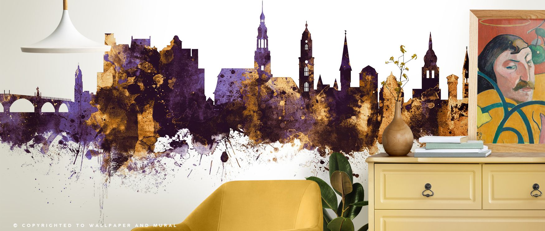 The Heidelberg Germany Skyline Purple & Gold Wallpaper layers rooftops with glowing balance, surrounding interiors with calm decorative charm, enriching bedrooms or offices with atmosphere shaped by heritage and artistry, sustaining mood of quiet refineme