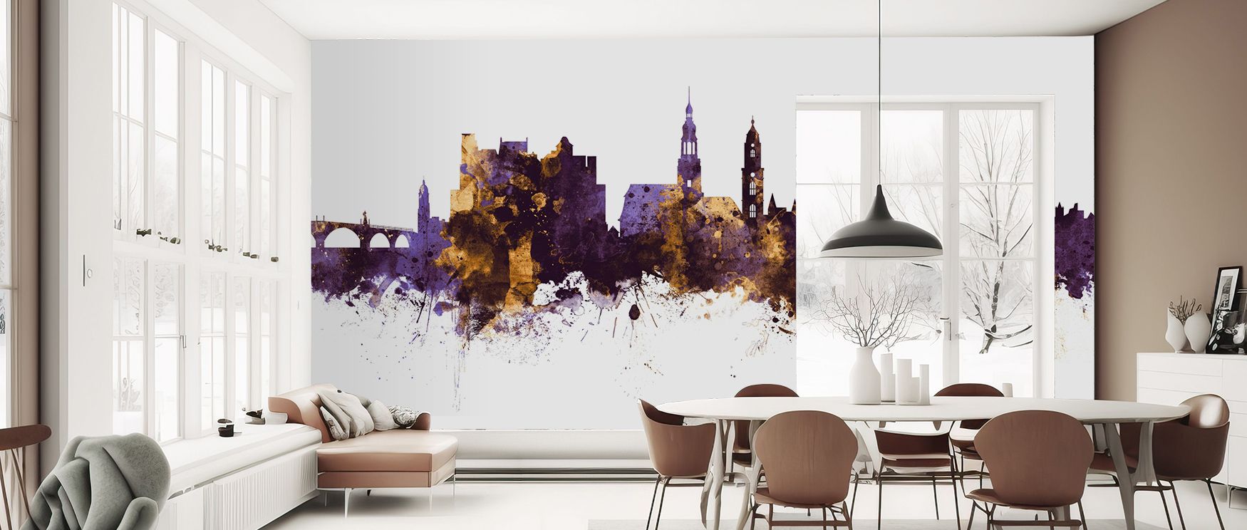 Golden rhythm blends with purple depth in the Heidelberg Germany Skyline Purple & Gold Wallpaper, enriching living rooms or bedrooms with serene calm, surrounding interiors with decorative elegance shaped by cultural resonance and artistry woven into refi