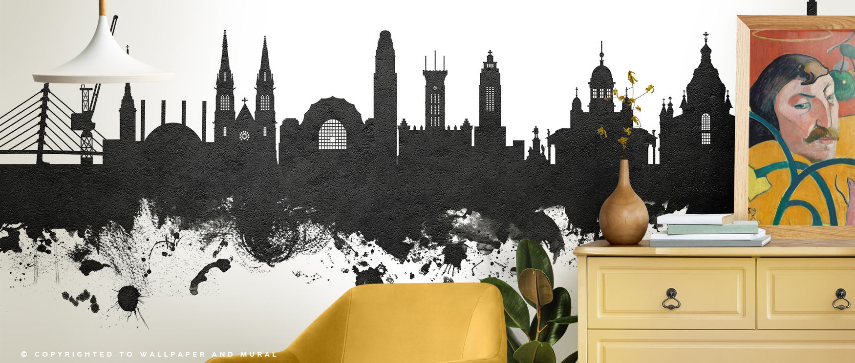 The Helsinki Skyline Black & White Wallpaper layers silhouettes in shaded tones, surrounding offices or bedrooms with atmosphere filled with calm artistry, enriching interiors with decorative refinement shaped by cultural resonance and timeless presence e