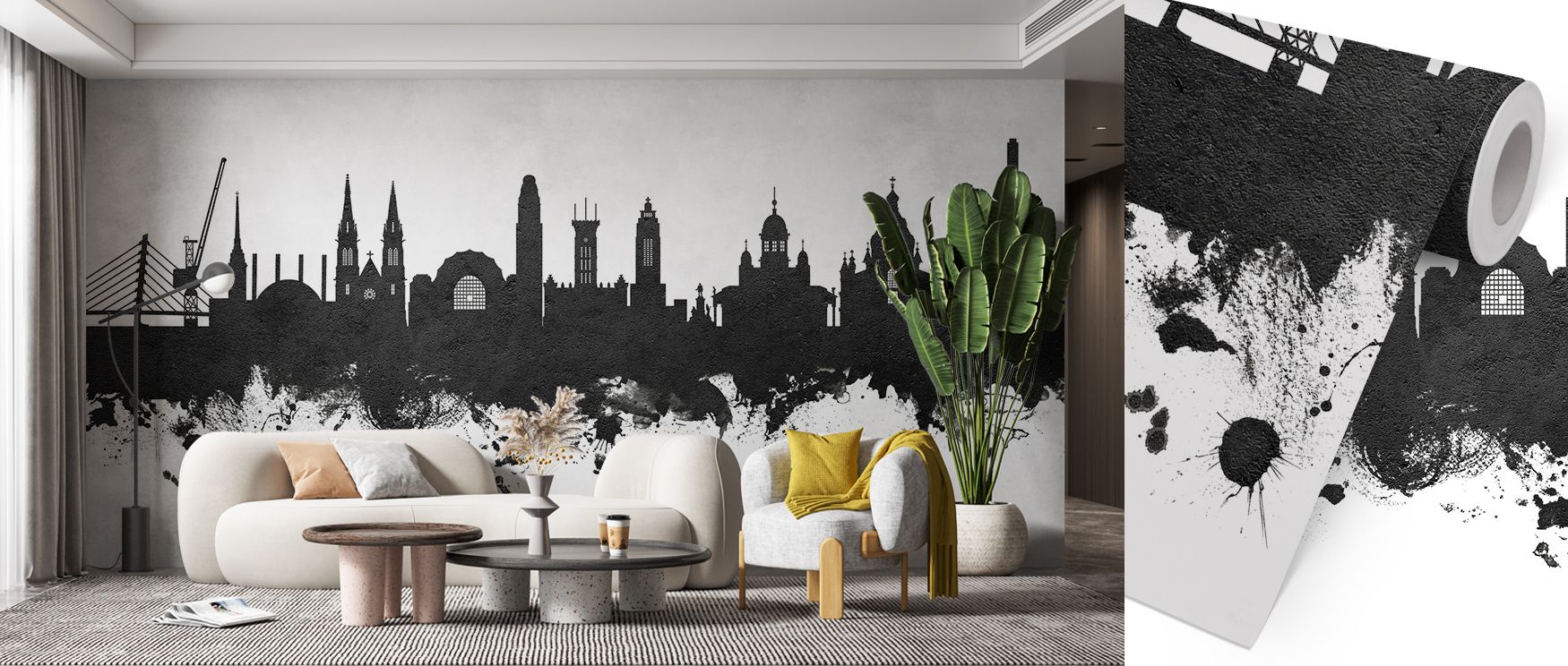 Contrast enriches the Helsinki Skyline Black & White Wallpaper where rooftops stretch in shaded tone, surrounding bedrooms or living rooms with atmosphere shaped by heritage, enhancing walls with calm artistry sustained through decorative elegance and tim