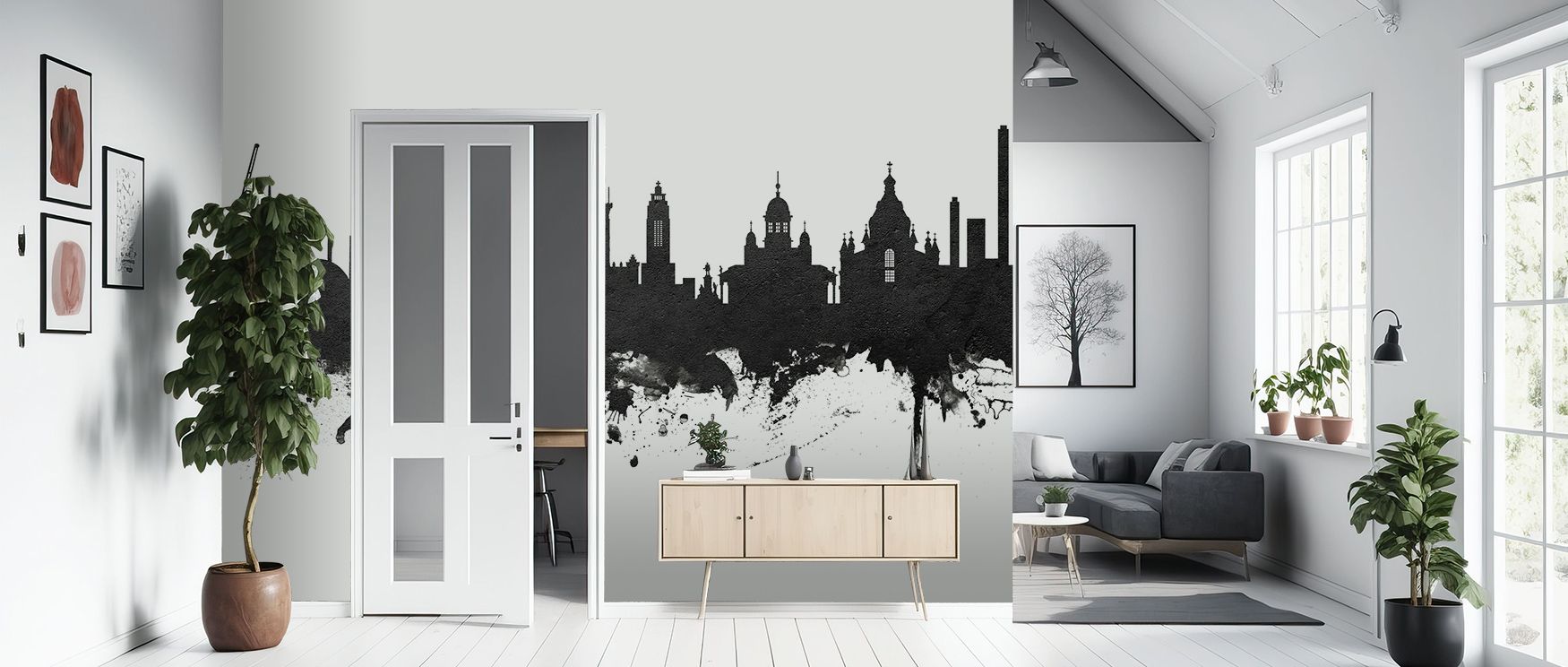 Shadows flow in the Helsinki Skyline Black & White Wallpaper where rooftops align in rhythm, surrounding bedrooms or living rooms with calm decorative charm, enriching interiors with cultural presence expressed through artistry sustained in monochrome ton