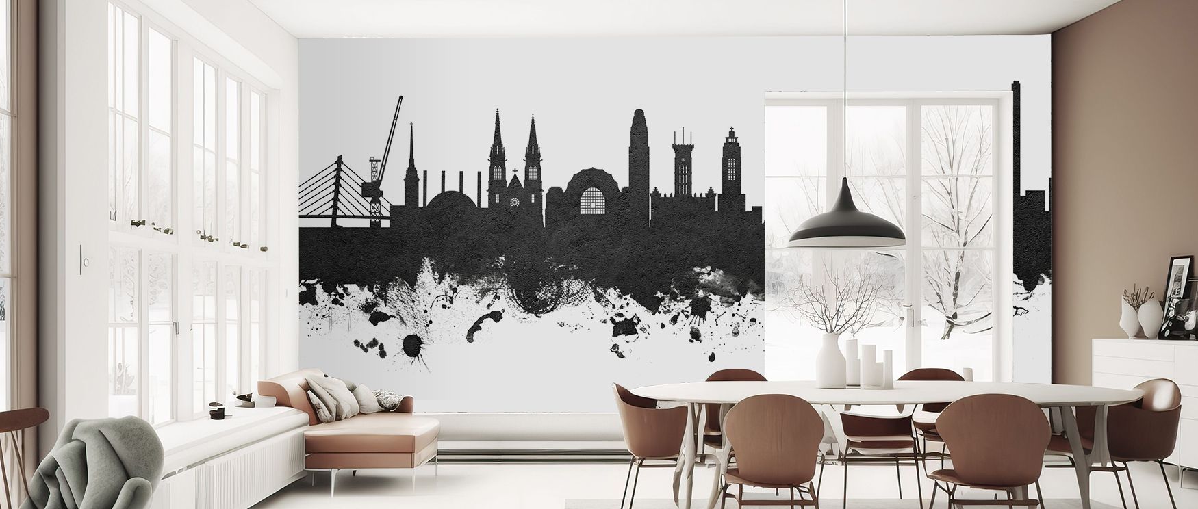 Rooftops emerge in the Helsinki Skyline Black & White Wallpaper shaded in monochrome rhythm, surrounding bedrooms or living rooms with calm decorative balance, enriching interiors with heritage presence shaped in artistry sustained through timeless tonal 